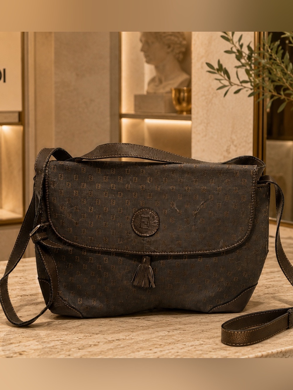 FENDI Vintage 1980s Micro Zucchino Monogram Canvas Brown Leather Crossbody Bag